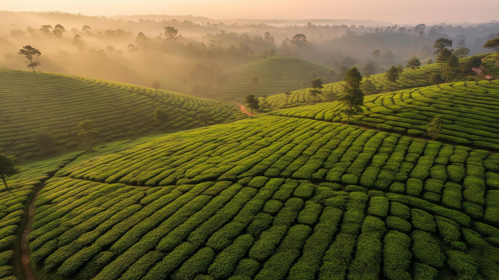 Assam tea gardens at golden hour