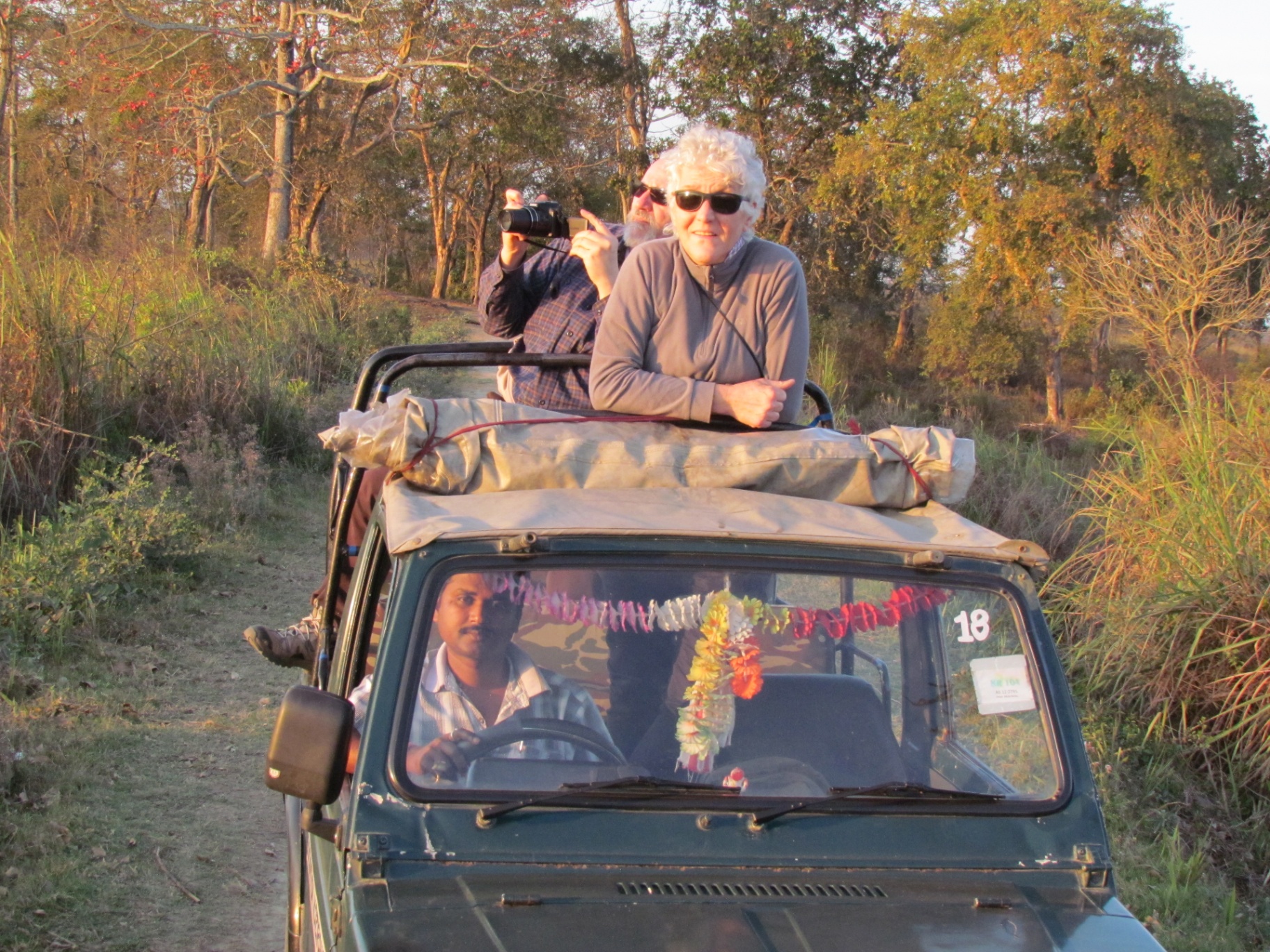 Open jeep safari at golden hour in Kaziranga National Park